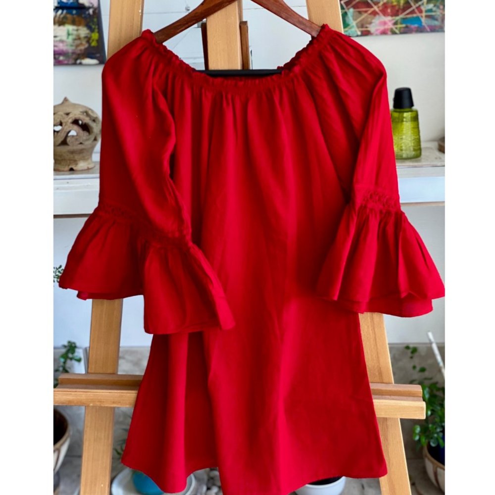Bohemian Long Off the Shoulders Tunic RED Organic Cotton NWT